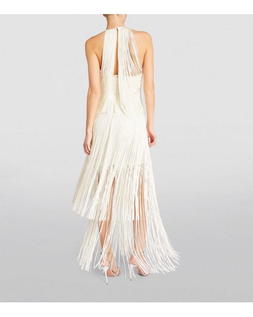Hervé Léger Draped Fringed Maxi Dress in White | Lyst