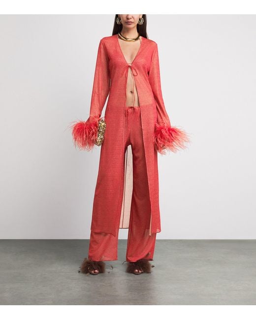 Oseree Red Feather-Trim Maxi Kaftan Dress