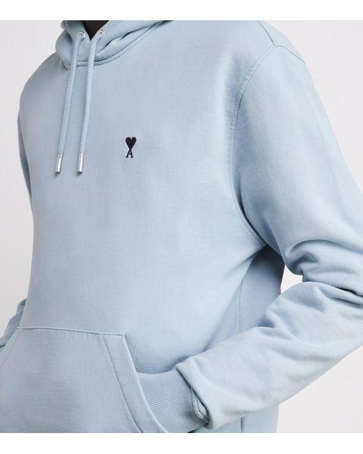 AMI Blue Cotton Embroidered Ami De Coeur Logo Hoodie for men