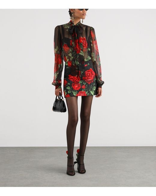 Dolce & Gabbana Brown Silk Rose-Print Pussybow Shirt