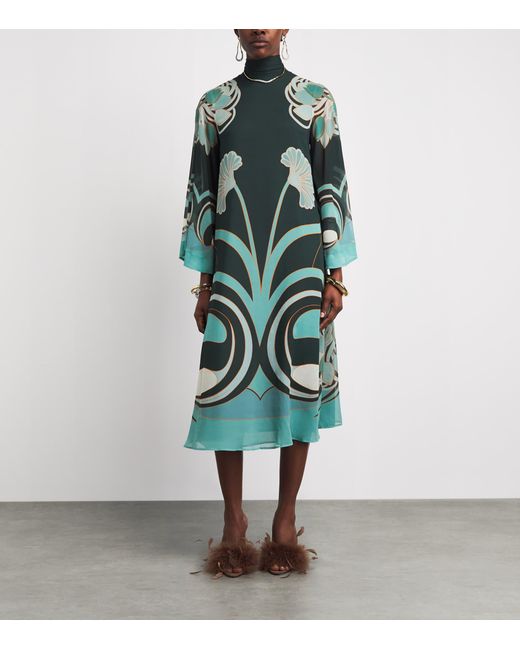 LaDoubleJ Green Silk Printed Magnifico Midi Dress
