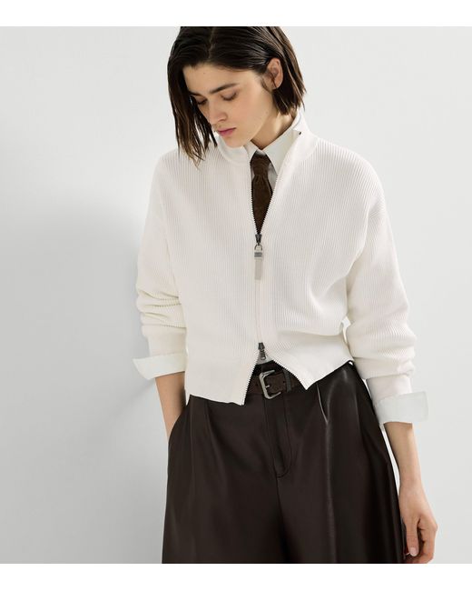 Brunello Cucinelli White Cotton Zip-Front Cardigan