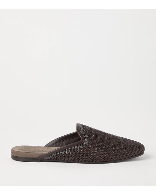 Brunello Cucinelli Brown Techno-Raffia Embellished Slides