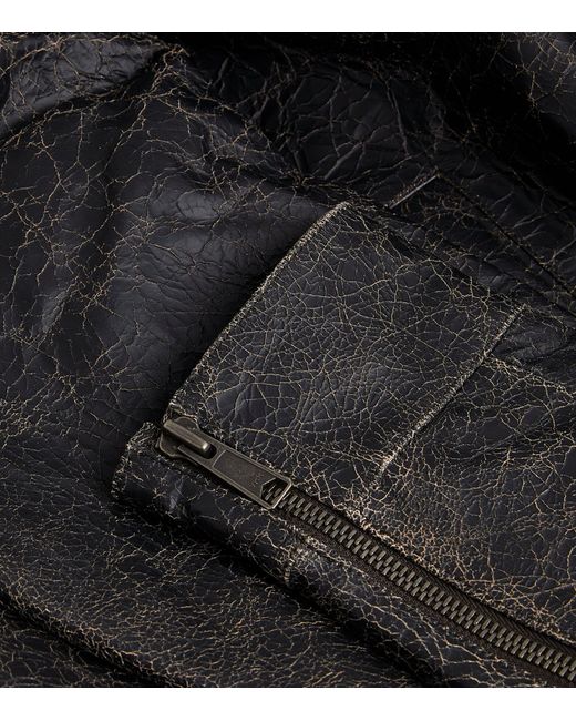 WOOD WOOD Black Leather Cracked Bomber Jacket for men