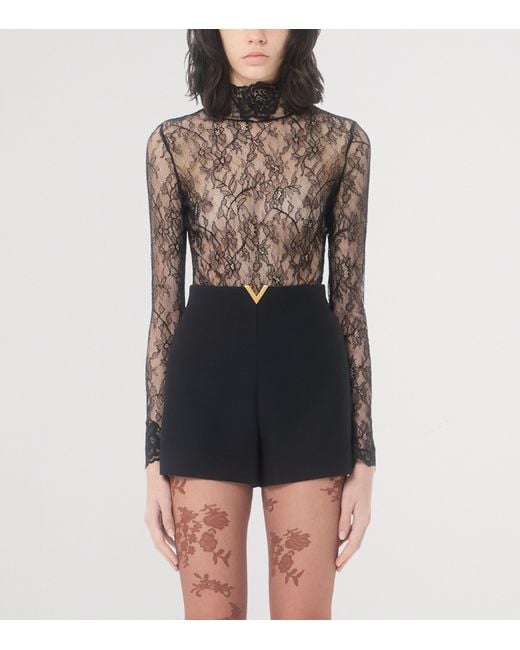 Valentino Gray Lace High-Neck Bodysuit