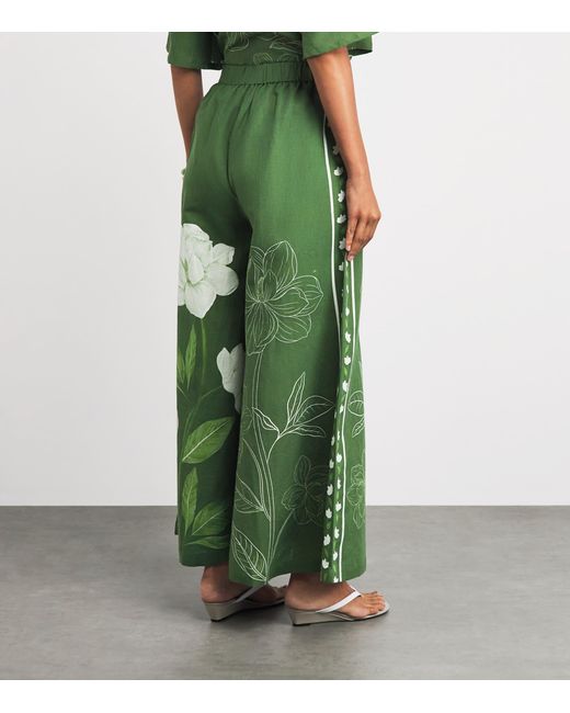 VERANDAH Green Floral Wide-Leg Trousers