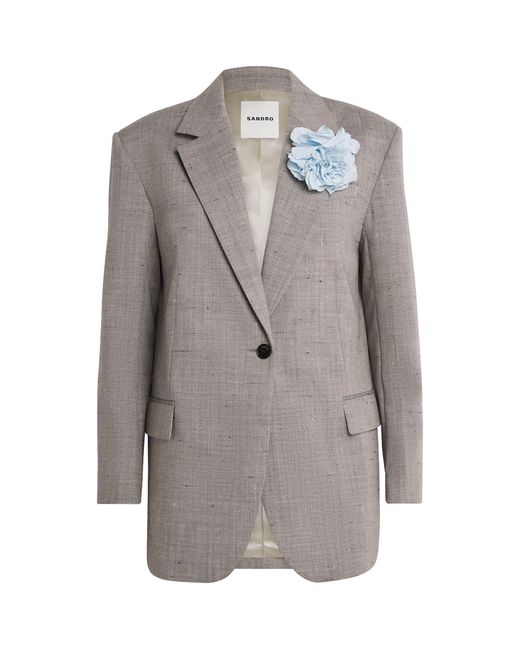 Sandro Gray Wool-Blend Floral-Brooch Blazer