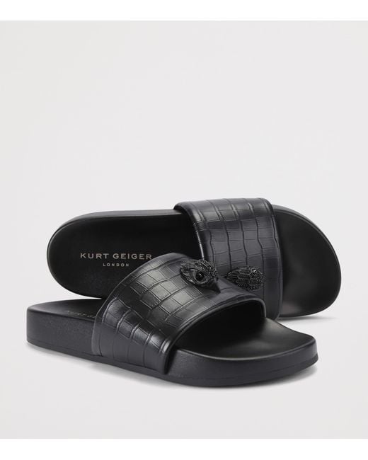 Kurt Geiger Black Crocodile-Embossed Embellished Brockwell Slides for men