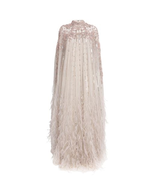 Pamella Roland Natural Tulle Embroidered Kaftan Gown
