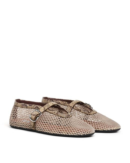 Alaïa Brown Mesh Python Print-Trim Ballet Flats