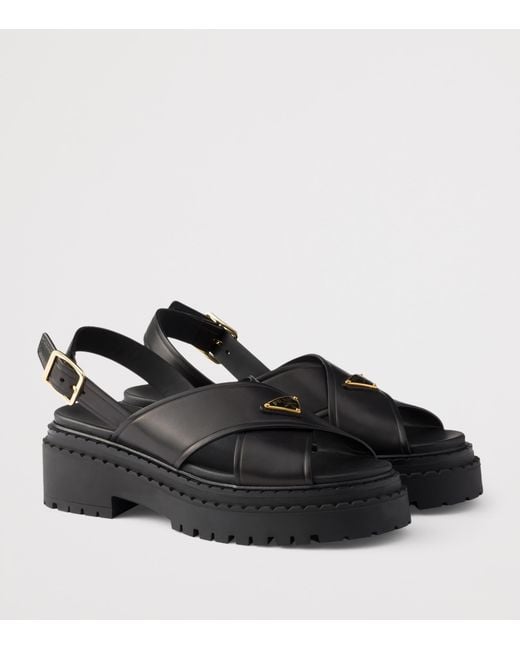 Prada Black Leather Crossover Platform Sandals 55