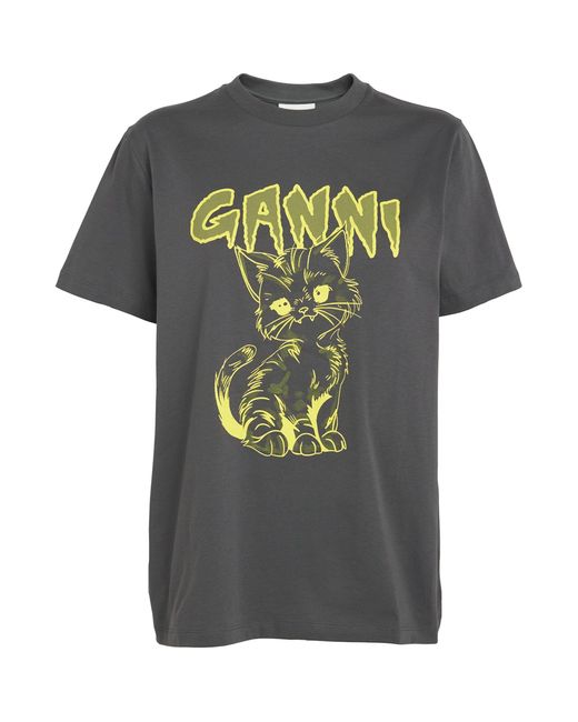 Ganni Gray Cat Print T-shirt