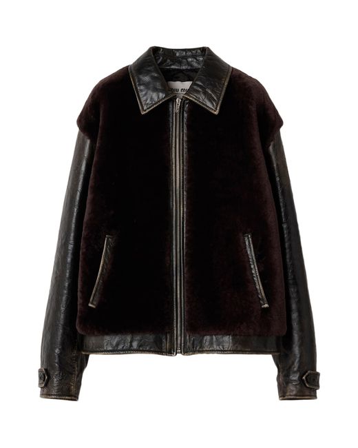 Miu Miu Black Leather Shearling-Trim Jacket