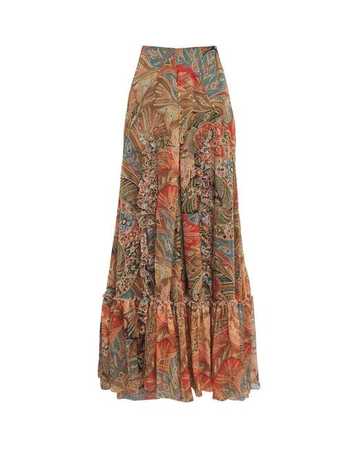 Etro Brown Silk Printed Maxi Skirt