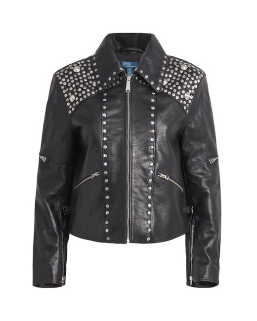 Polo Ralph Lauren Black Studded Moto Leather Jacket