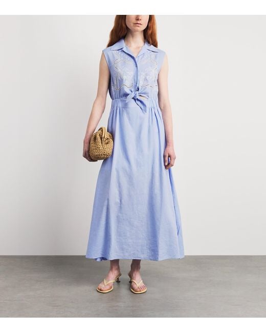 Sandro Blue Linen-Blend Embroidered Maxi Dress