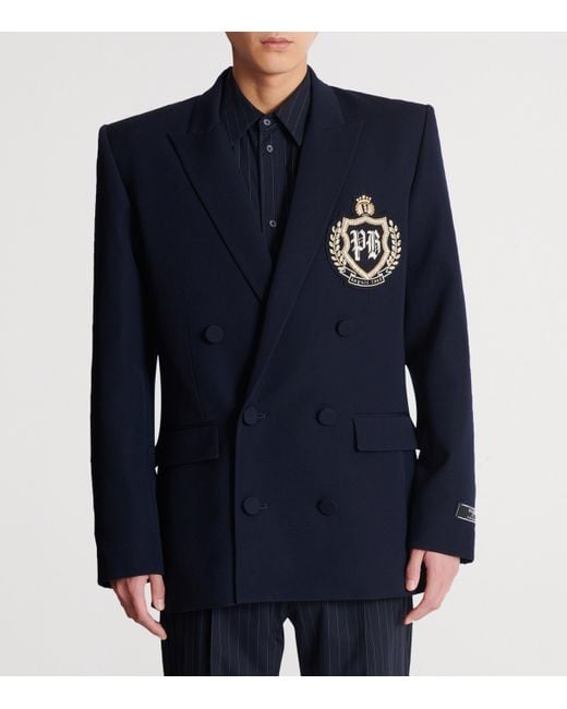 Balmain Blue Wool Crystal-Embellished Emblem Blazer for men