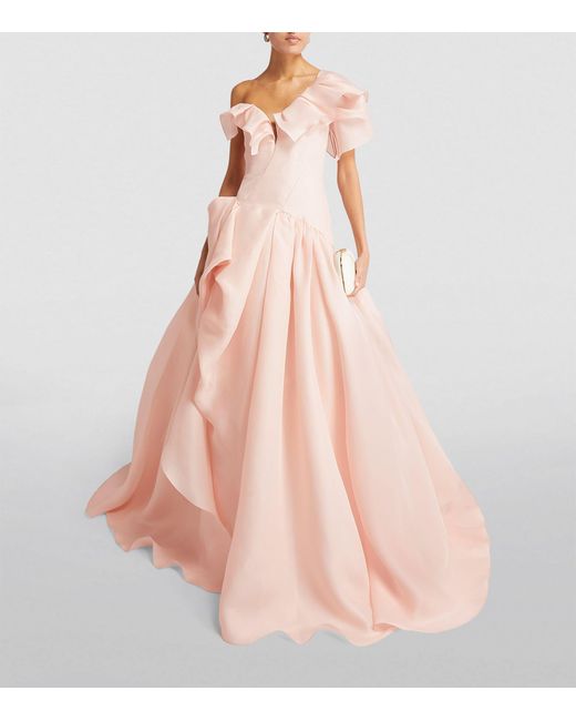 Marchesa Pink Ruffled One-shoulder Gown