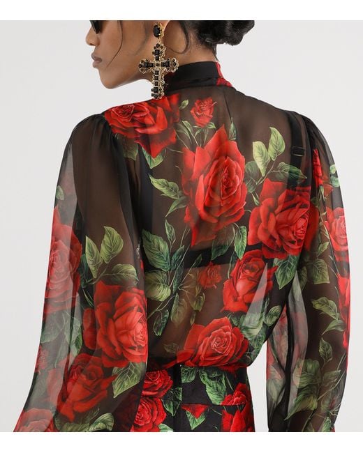 Dolce & Gabbana Brown Silk Rose-Print Pussybow Shirt