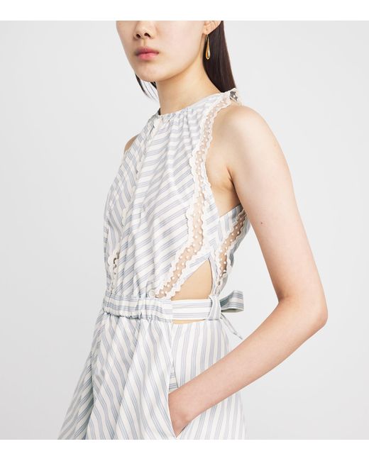 Sandro White Cotton Stripe Embroidered Midi Dress