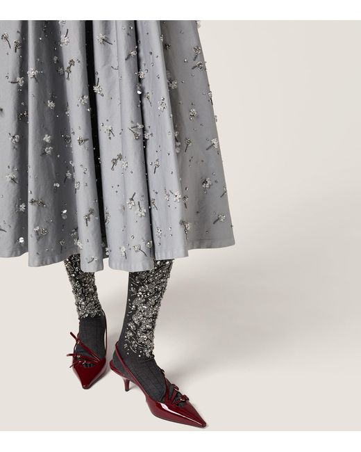 Miu Miu Gray Cotton Satin Embellished Midi Shirt Dress