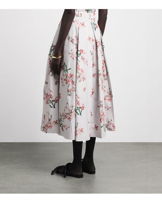 Erdem White Cotton Floral Pleated Midi Skirt