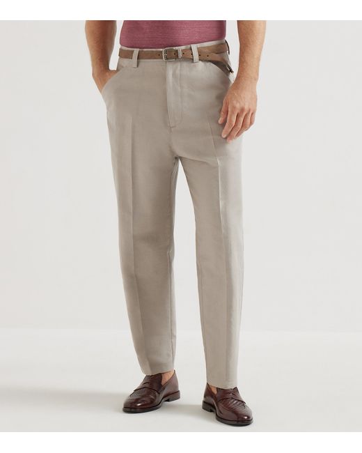 Brunello Cucinelli Gray Cotton-Linen Panama Trousers for men
