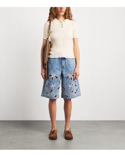Sandro Blue Open-Work Embroidered Denim Shorts