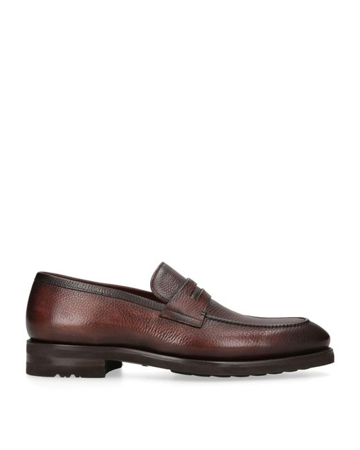 Magnanni Shoes Brown Leather Pebble-textured Penny Loafers for men