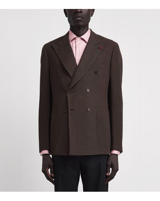 Isaia Black Linen Double-Breasted Blazer for men