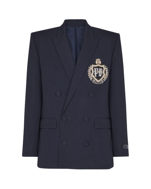 Balmain Blue Wool Crystal-Embellished Emblem Blazer for men
