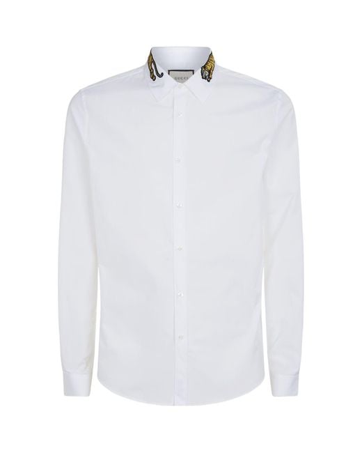 Gucci White Embroidered Tiger Collar Duke Shirt for men