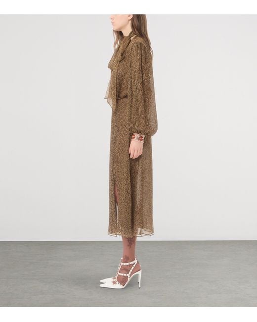 Valentino Brown Silk-Blend Embellished-Cuff Midi Dress