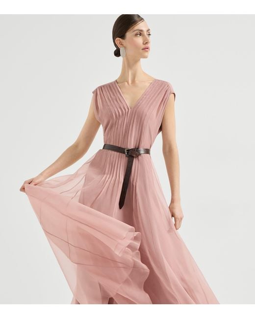 Brunello Cucinelli Pink Silk Belted Maxi Dress