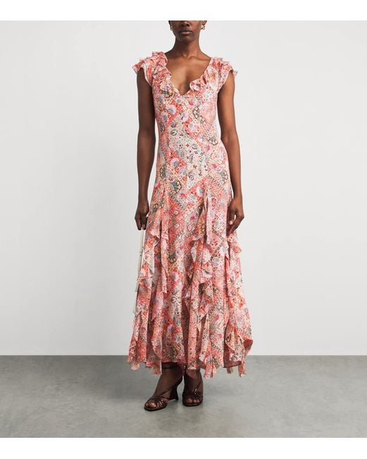 Rixo Pink Silk Printed Ambika Maxi Dress