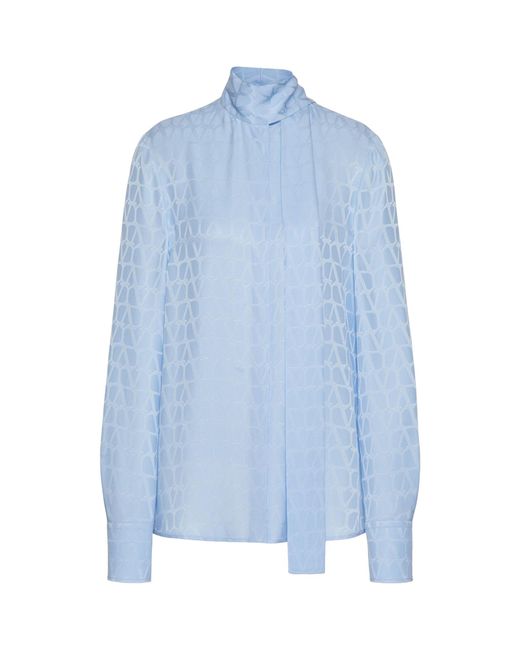 Valentino Garavani Blue Silk Jacquard Pussy-bow Shirt