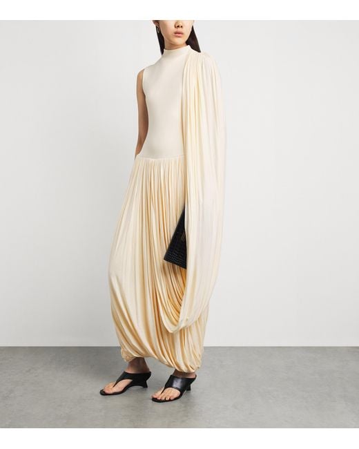 Abadia White High-Neck Draped Midi Dress