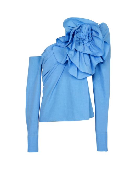 Balmain Blue Cotton Poplin Rose Asymmetric Shirt