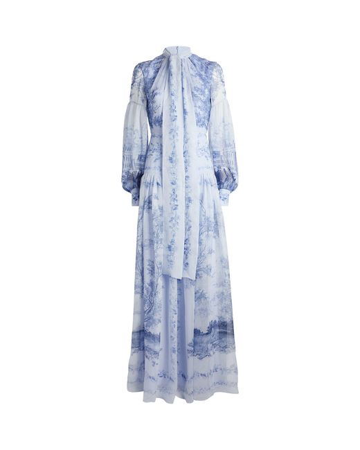 Erdem Blue Silk Chatsworth Etching Print Gown