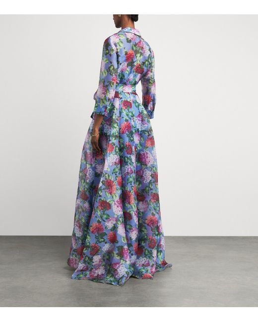 Carolina Herrera Blue Silk Floral Maxi Shirt Dress