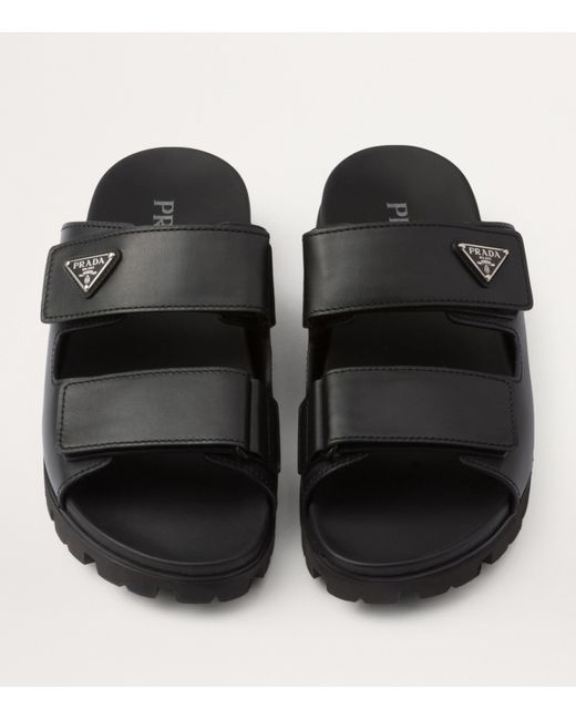 Prada Leather Logo-Plaque Sandals in Black for Men | Lyst UK