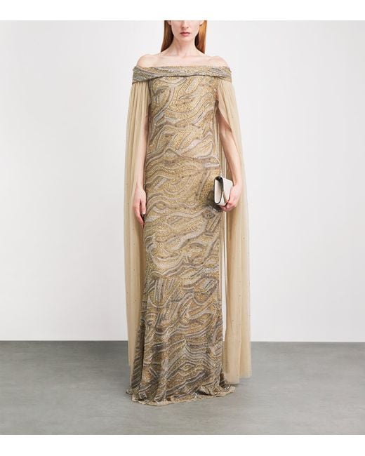 Raishma Natural Tulle Embellished Cape Gown