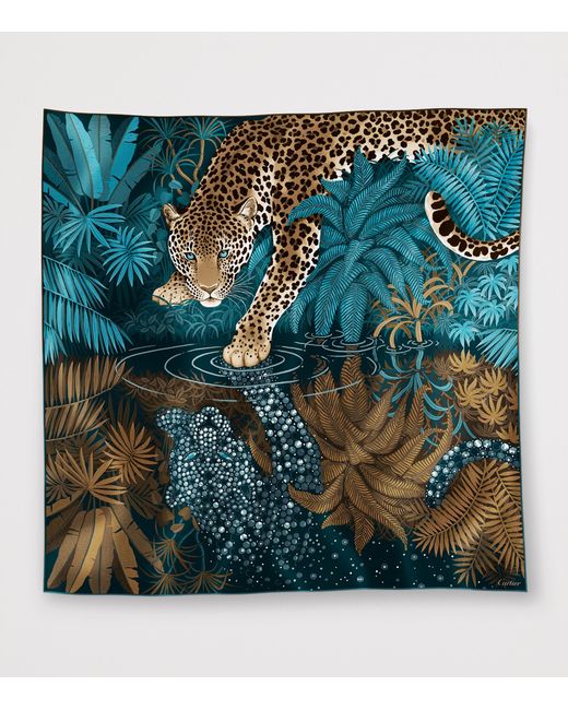 Cartier Blue Silk Panthère Double-Sided Scarf