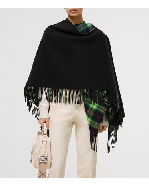 Burberry Black Wool Fringe Blanket Cape