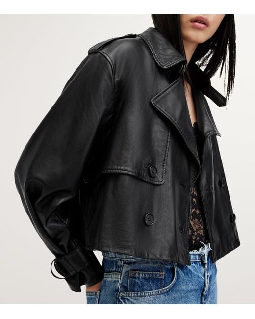 AllSaints Black Leather Cropped Hendry Trench Coat