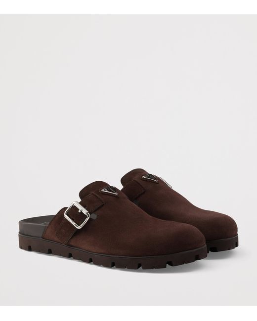Prada Brown Suede Buckle Mules for men