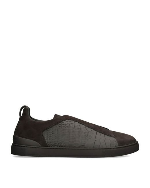 Zegna Black Crocodile Leather Triple Stitch Secondskin Sneakers for men