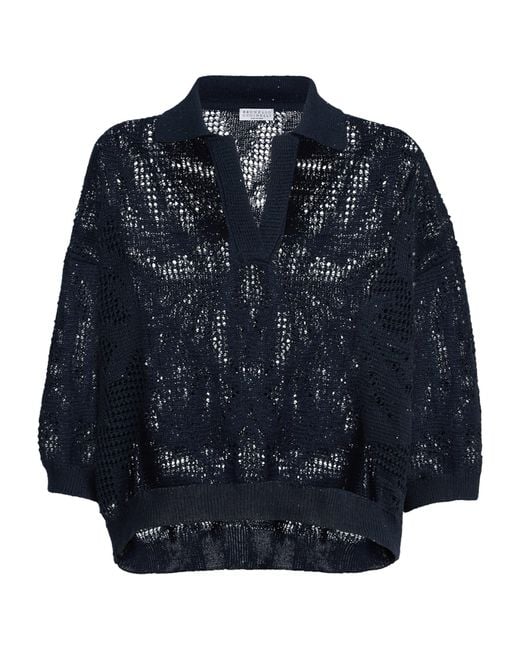 Brunello Cucinelli Blue Linen-Cotton Embellished Polo Sweater