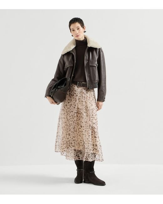 Brunello Cucinelli Brown Nappa Leather Shearling Collar Aviator Jacket