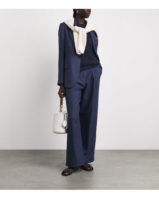 Eleventy Blue Linen-Wool-Silk-Blend Pleated Trousers